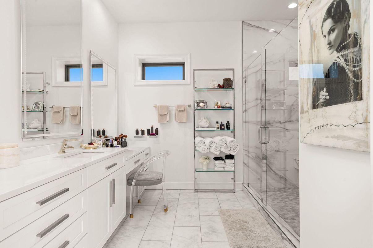 Bathroom, Glass Shower, Interior, Marble, Marble Walls, Recessed Lighting