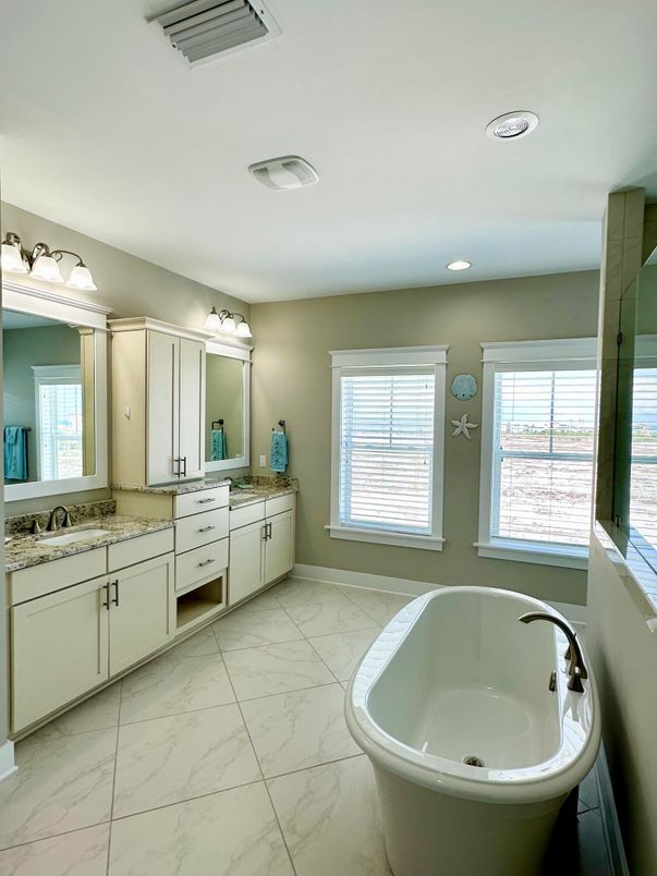 Bathroom, Dual Sink Vanities, Free Standing Baths, Interior, Marble, Recessed Lighting
