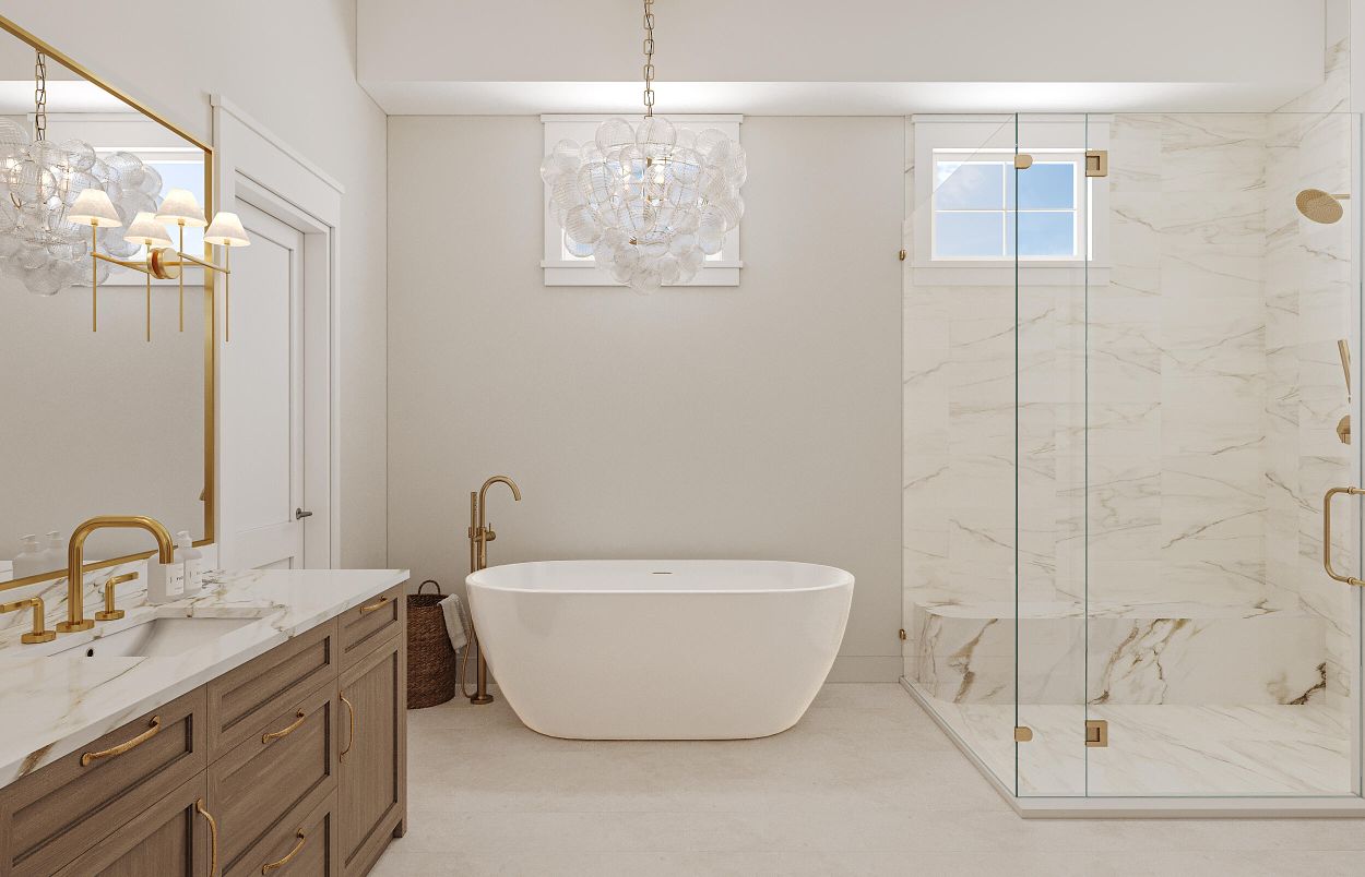 Bathroom, Chandelier, Free Standing Baths, Glass Shower, Interior, Marble Walls