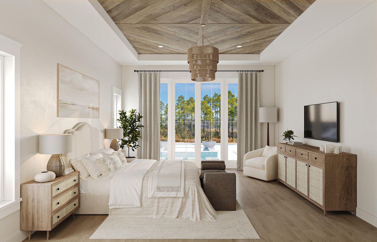 Bedroom, Interior, Pendant Lights, Recessed Lighting, Wooden Ceilings, Wood Texture Flooring