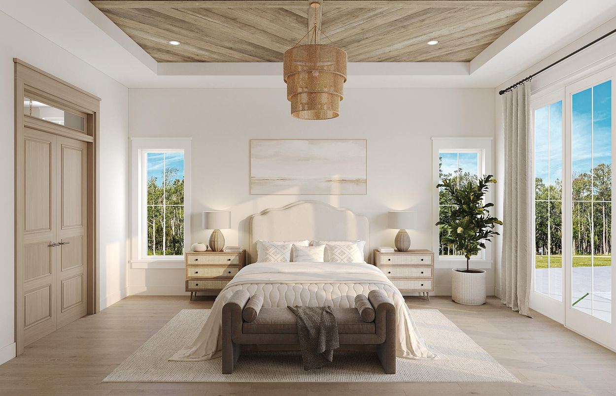 Bedroom, Chandelier, Interior, Pendant Lights, Recessed Lighting, Wooden Ceilings, Wood Texture Flooring