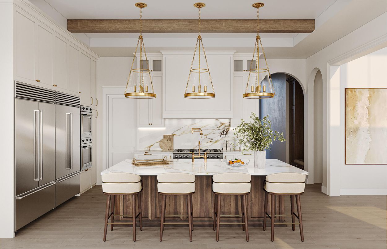 Interior, Kitchen, Pendant Lights, Stainless Steel Appliances, Wooden Beams, Wood Texture Flooring