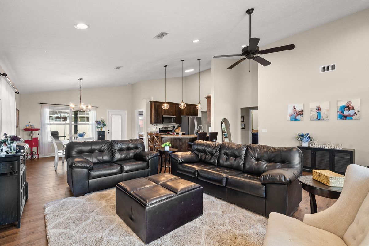 Dining room, Interior, Kitchen, Living room, Pendant Lights, Recessed Lighting, Wood Texture Flooring