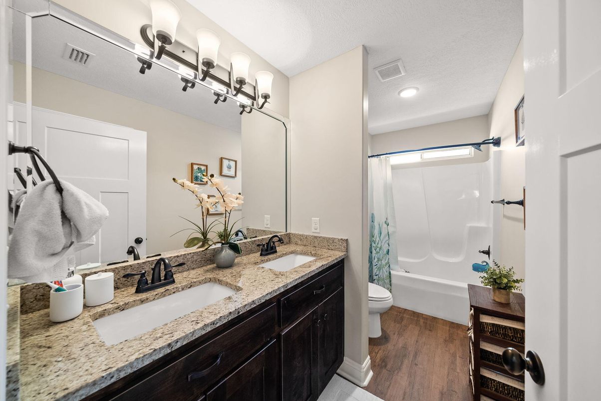 Bathroom, Dual Sink Vanities, Interior, Recessed Lighting, Wood Texture Flooring