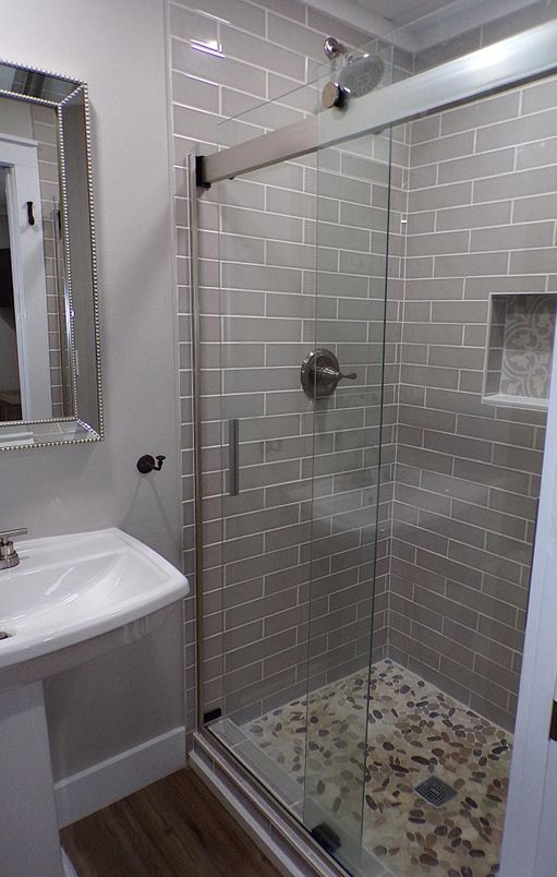 Bathroom, Glass Shower, Interior, Wood Texture Flooring