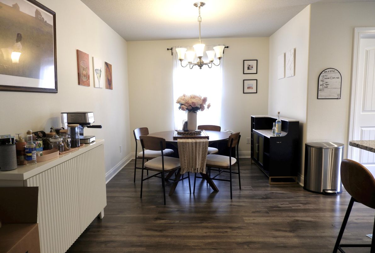 Chandelier, Dining room, Interior, Wood Texture Flooring