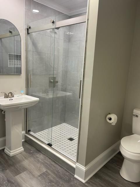 Bathroom, Glass Shower, Interior, Wood Texture Flooring