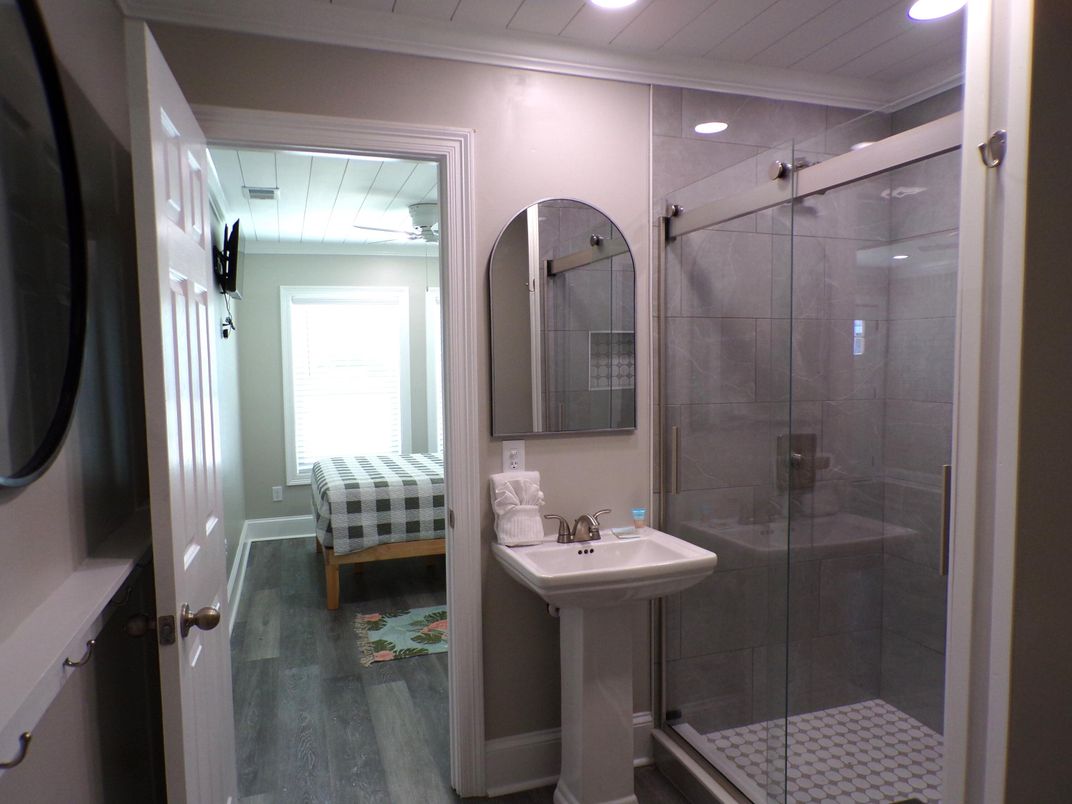 Bathroom, Glass Shower, Interior, Recessed Lighting, Wood Texture Flooring
