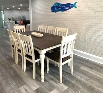 Dining room, Interior, Living room, Recessed Lighting, Stone Walls, Wood Texture Flooring