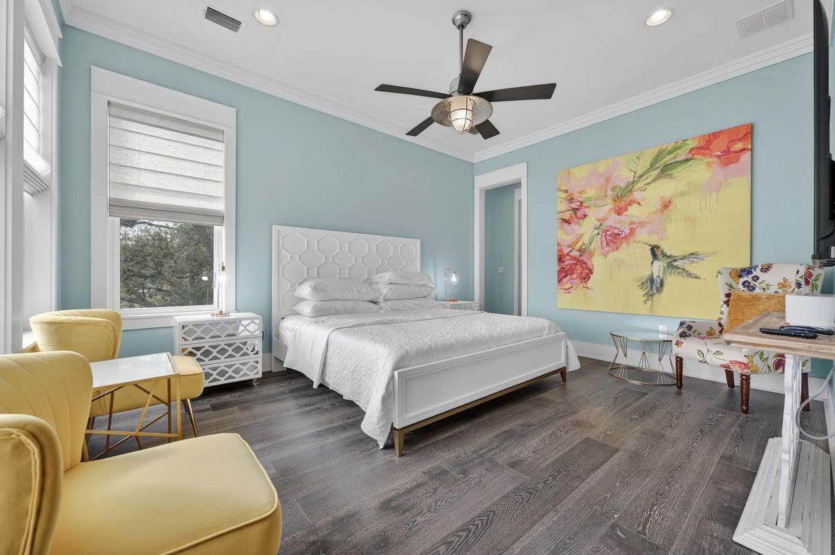 Bedroom, Interior, Recessed Lighting, Wood Texture Flooring