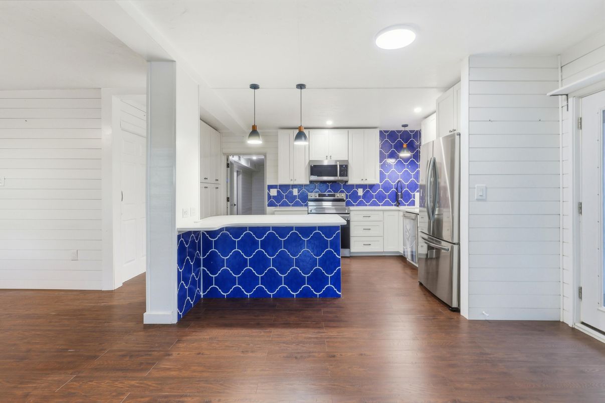 Interior, Kitchen, Pendant Lights, Recessed Lighting, Stainless Steel Appliances, Wood Texture Flooring