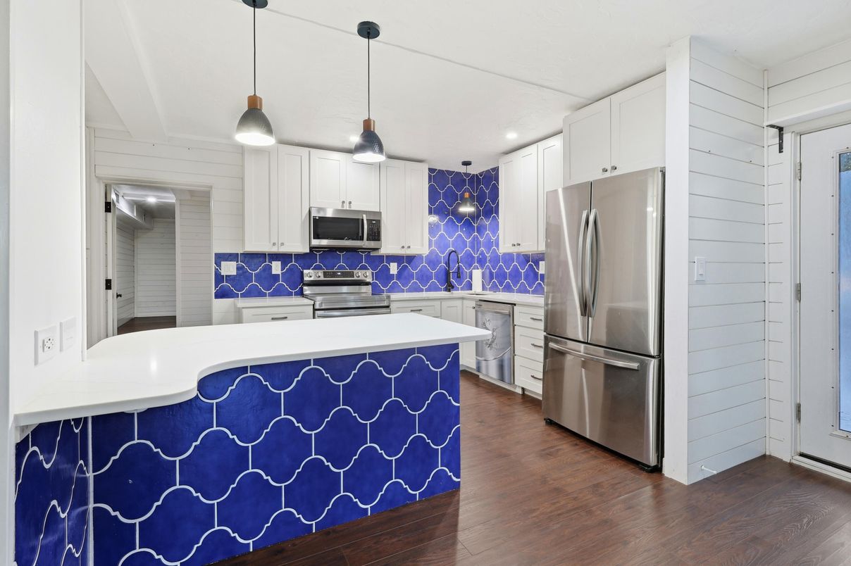 Interior, Kitchen, Pendant Lights, Recessed Lighting, Stainless Steel Appliances, Wood Texture Flooring