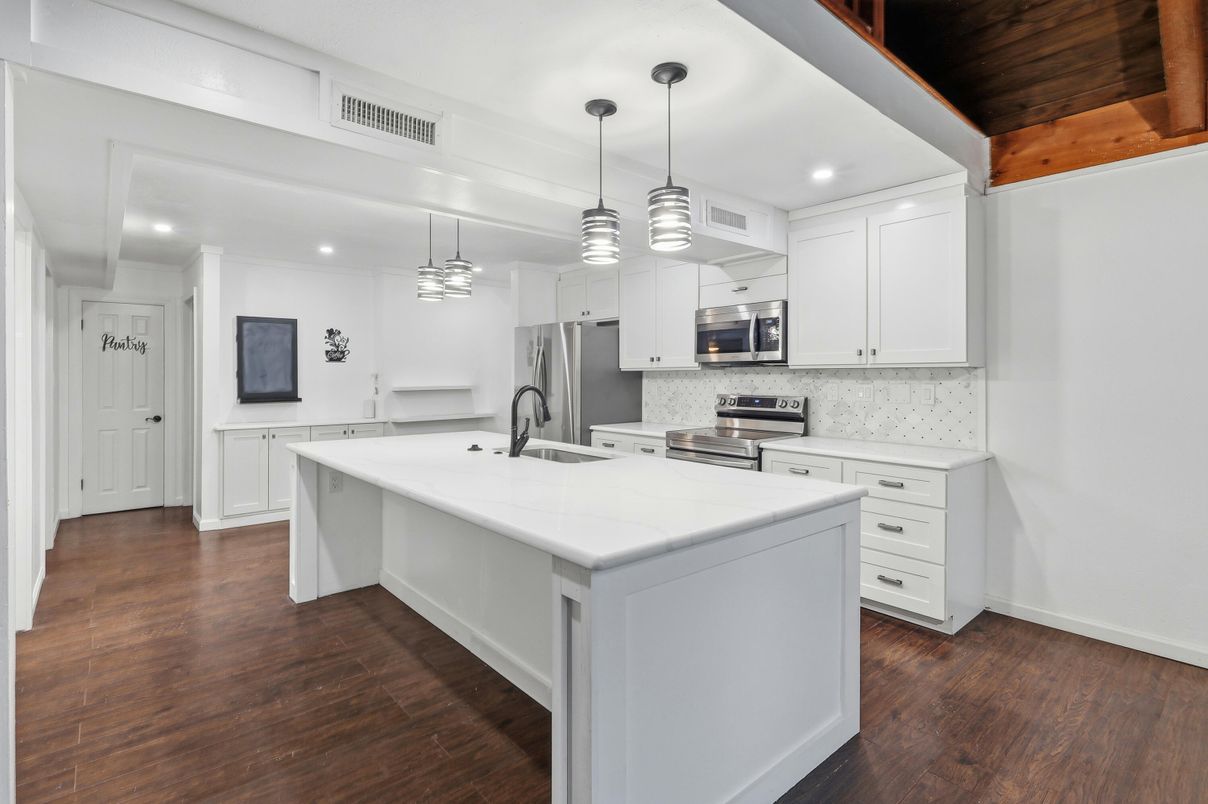 Interior, Kitchen, Pendant Lights, Recessed Lighting, Stainless Steel Appliances, Wooden Ceilings, Wood Texture Flooring