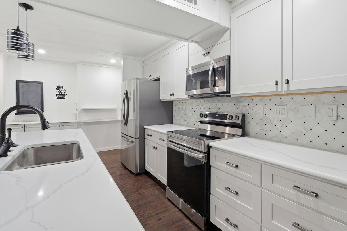 Interior, Kitchen, Recessed Lighting, Stainless Steel Appliances, Wood Texture Flooring