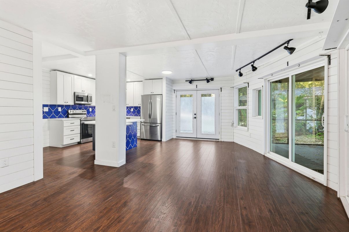 Empty room, Interior, Kitchen, Recessed Lighting, Wood Texture Flooring