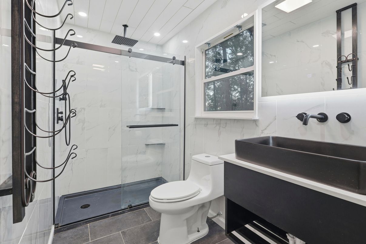 Bathroom, Glass Shower, Interior, Marble Walls, Recessed Lighting