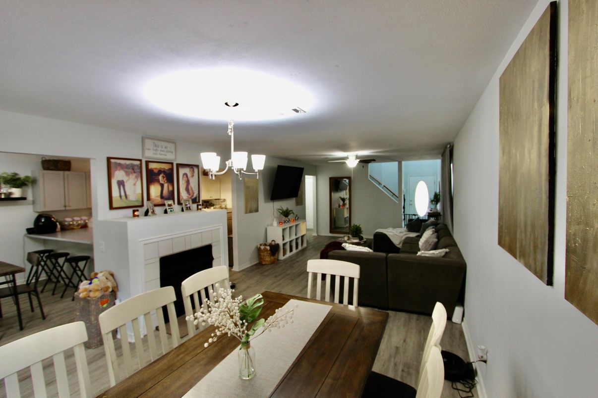 Chandelier, Dining room, Fireplace, Interior, Living room, Wood Texture Flooring