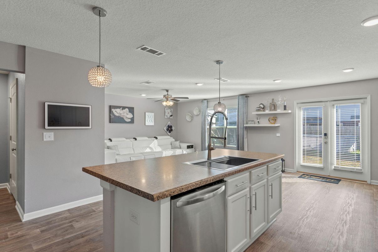 Interior, Kitchen, Pendant Lights, Recessed Lighting, Wood Texture Flooring