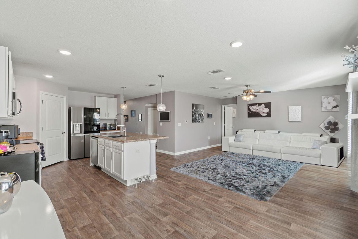 Interior, Kitchen, Living room, Pendant Lights, Recessed Lighting, Stainless Steel Appliances, Wood Texture Flooring