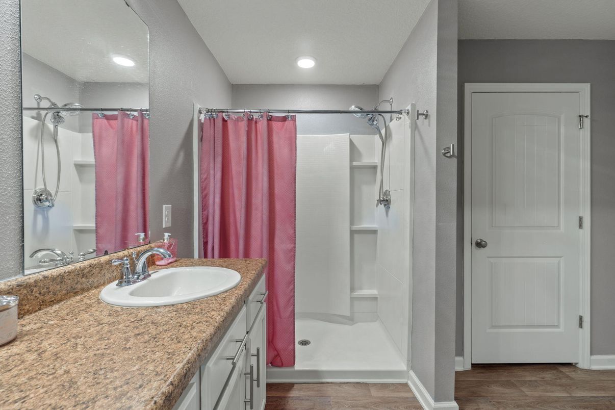 Bathroom, Dual Sink Vanities, Interior, Recessed Lighting, Wood Texture Flooring