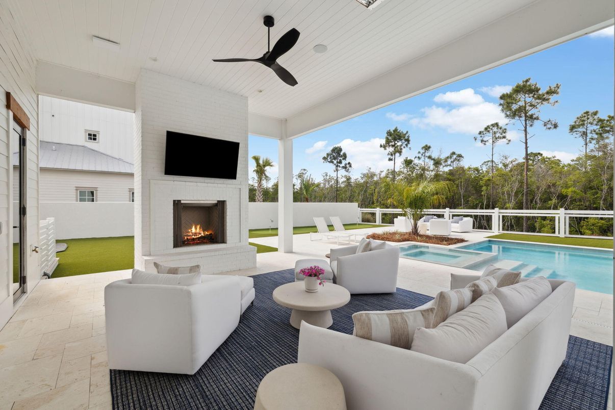 Exterior, Fireplace, Interior, Living room, Pool