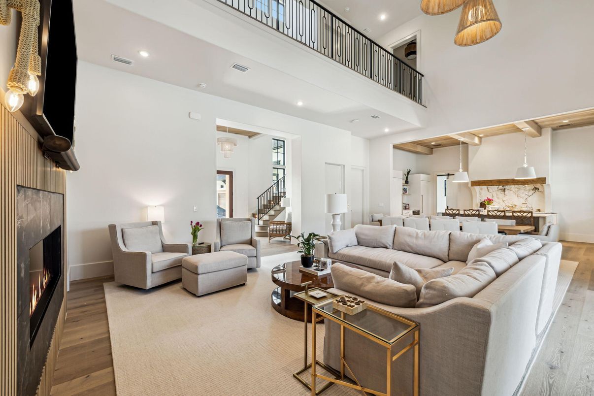 Fireplace, Interior, Kitchen, Living room, Pendant Lights, Recessed Lighting, Wood Texture Flooring