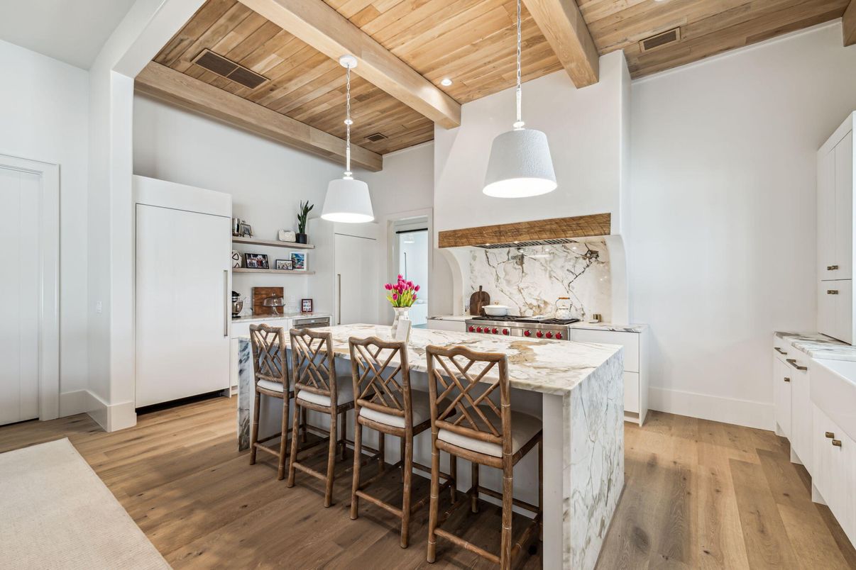 Interior, Kitchen, Marble Walls, Pendant Lights, Recessed Lighting, Wooden Beams, Wooden Ceilings, Wood Texture Flooring