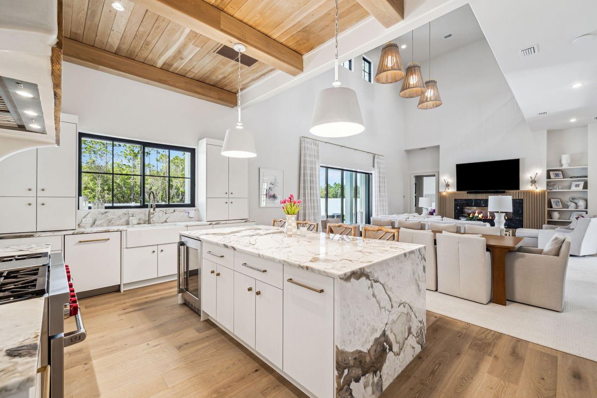 Interior, Kitchen, Living room, Pendant Lights, Recessed Lighting, Stainless Steel Appliances, Wooden Beams, Wooden Ceilings, Wood Texture Flooring