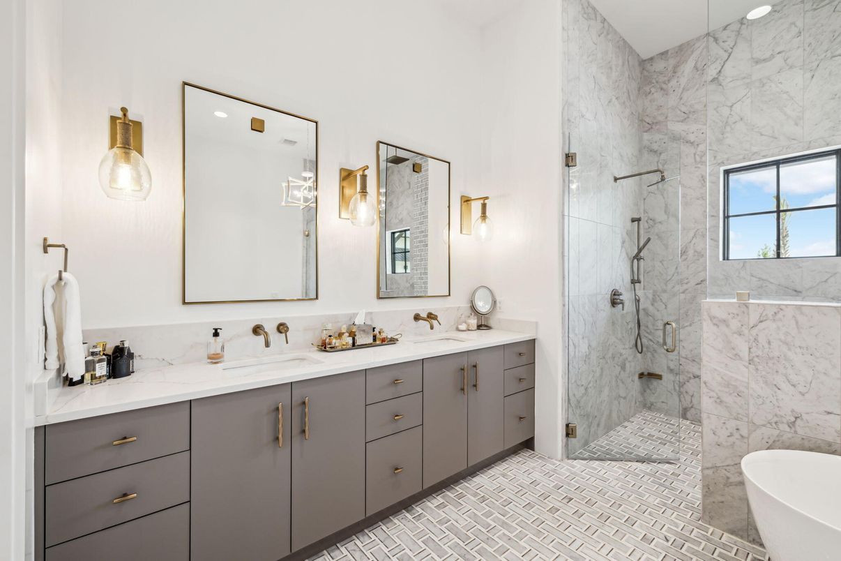 Bathroom, Dual Sink Vanities, Free Standing Baths, Glass Shower, Interior, Marble Walls, Recessed Lighting