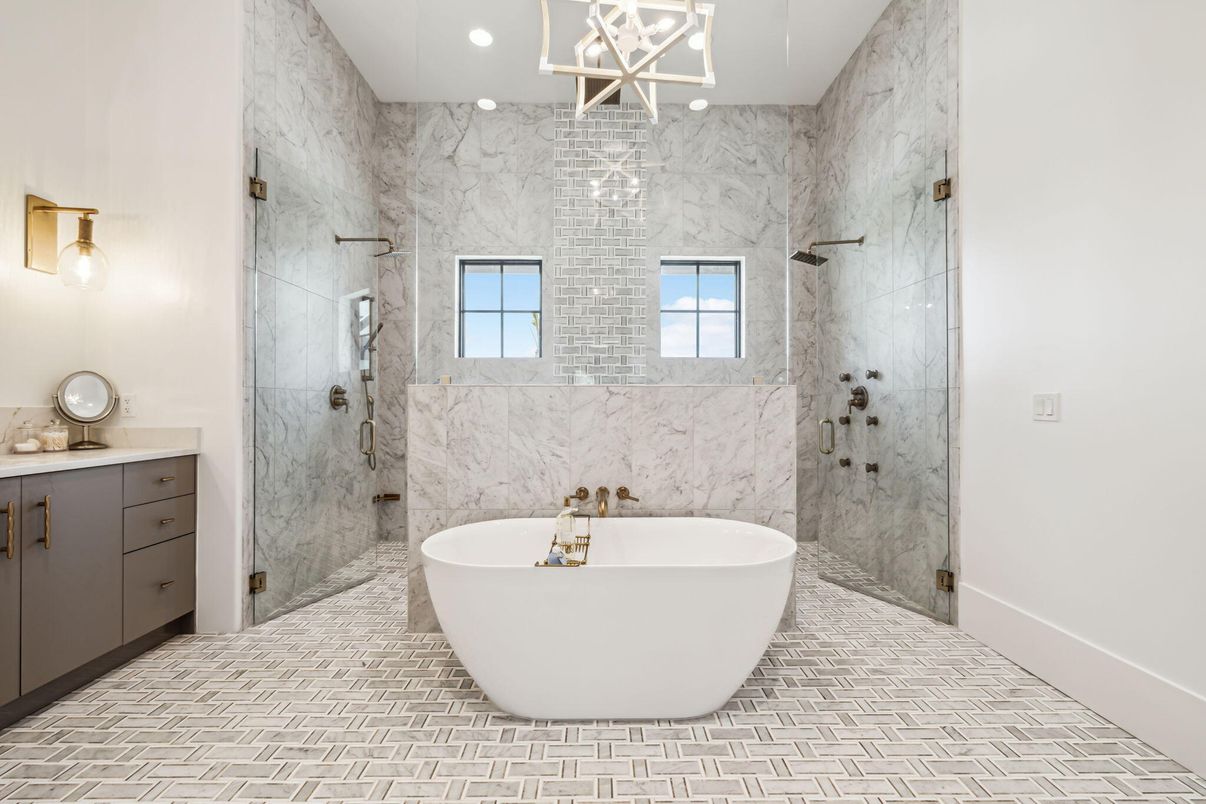 Bathroom, Free Standing Baths, Glass Shower, Interior, Marble Walls, Recessed Lighting