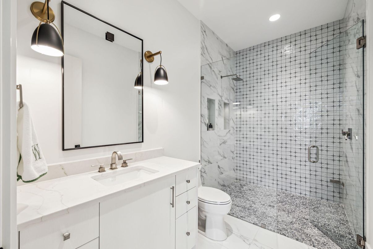 Bathroom, Glass Shower, Interior, Marble, Marble Walls, Recessed Lighting