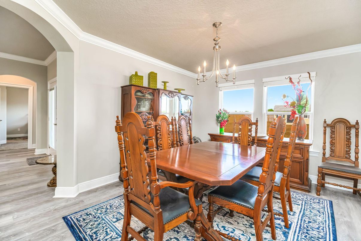 Chandelier, Dining room, Interior, Wood Texture Flooring
