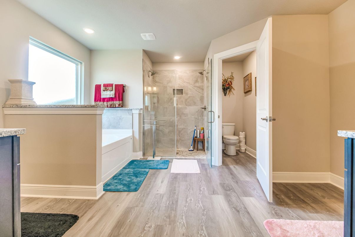 Bathroom, Glass Shower, Interior, Recessed Lighting, Wood Texture Flooring