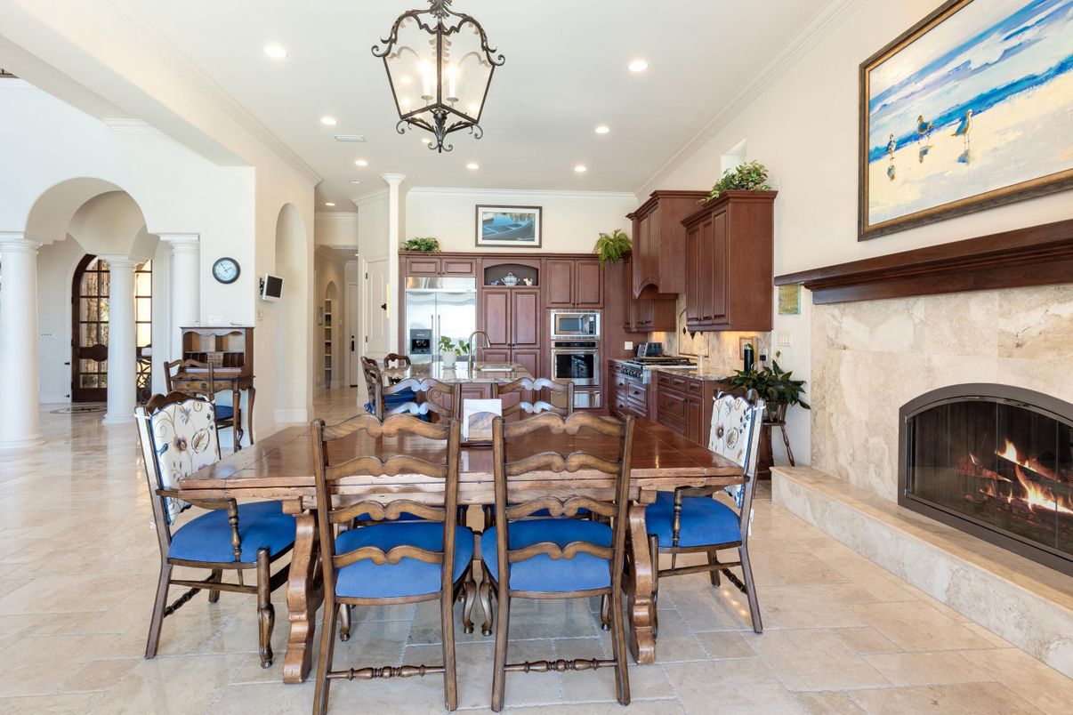 Dining room, Fireplace, Interior, Kitchen, Pendant Lights, Recessed Lighting