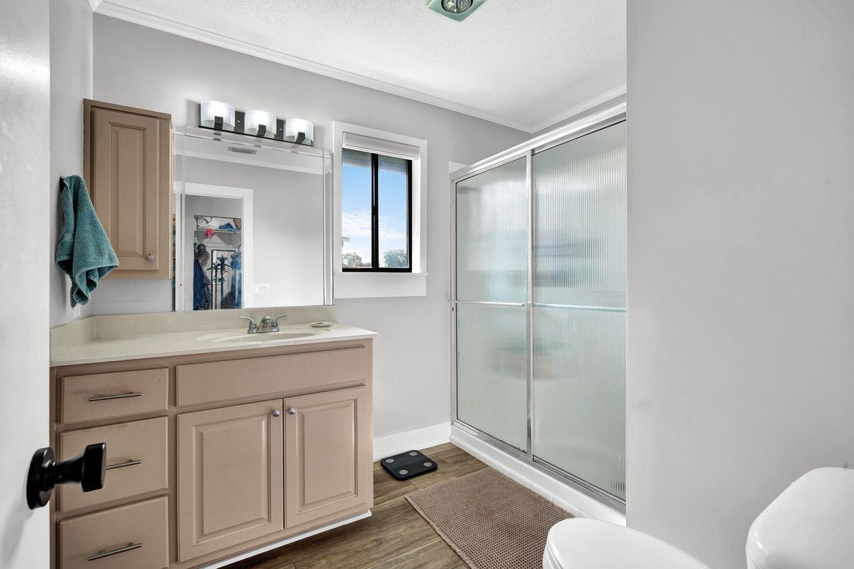 Bathroom, Glass Shower, Interior, Wood Texture Flooring