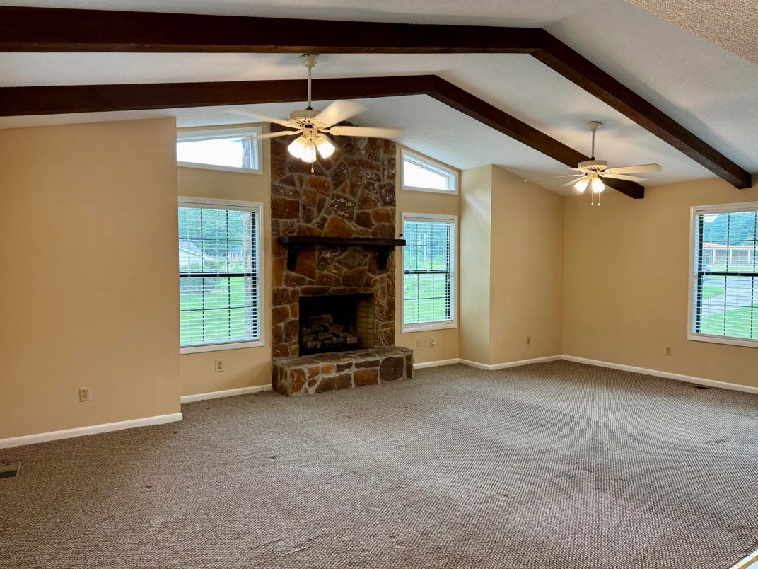 Empty room, Fireplace, Interior, Stone Walls, Wooden Beams