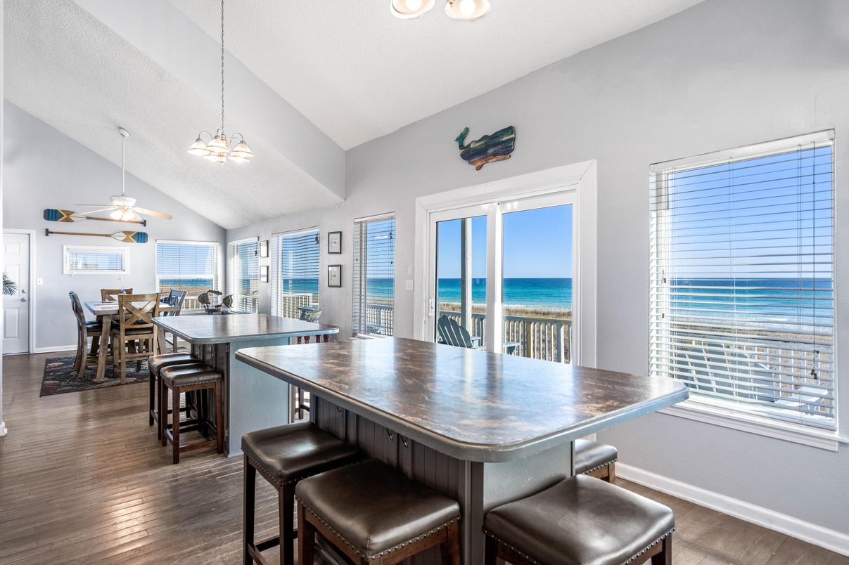 Dining room, Interior, Pendant Lights, Water, Wood Texture Flooring