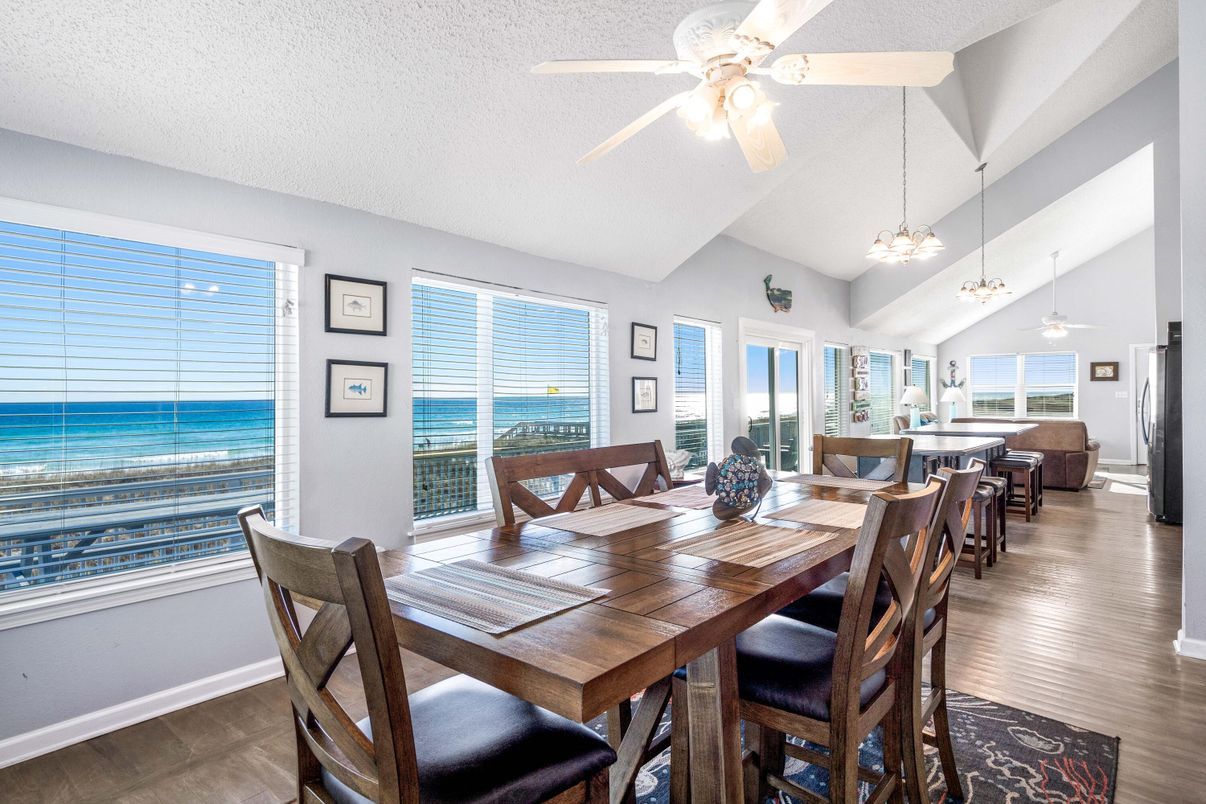 Dining room, Interior, Pendant Lights, Water, Wood Texture Flooring