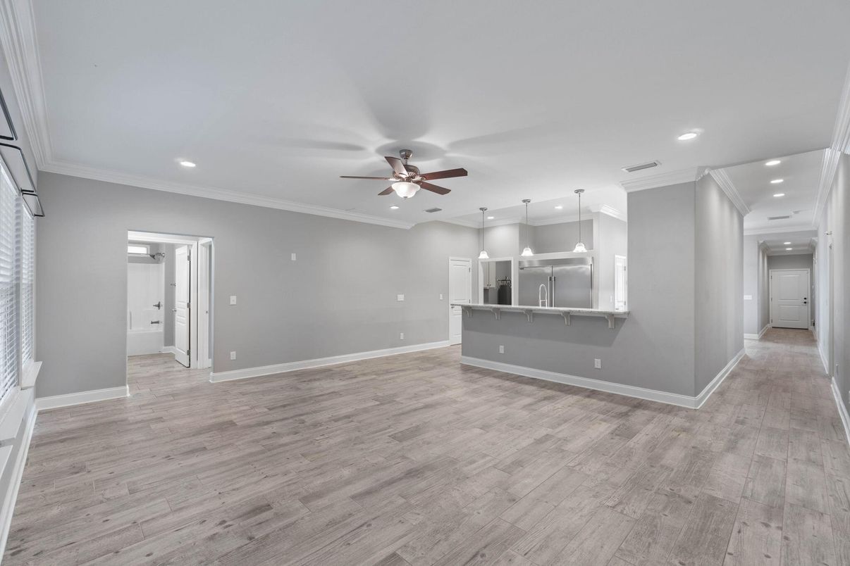 Empty room, Interior, Kitchen, Pendant Lights, Recessed Lighting, Wood Texture Flooring