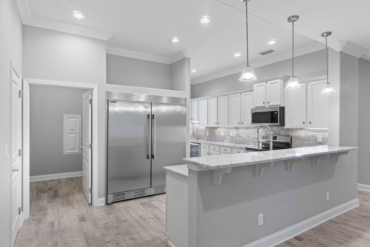 Interior, Kitchen, Pendant Lights, Recessed Lighting, Stainless Steel Appliances, Wood Texture Flooring
