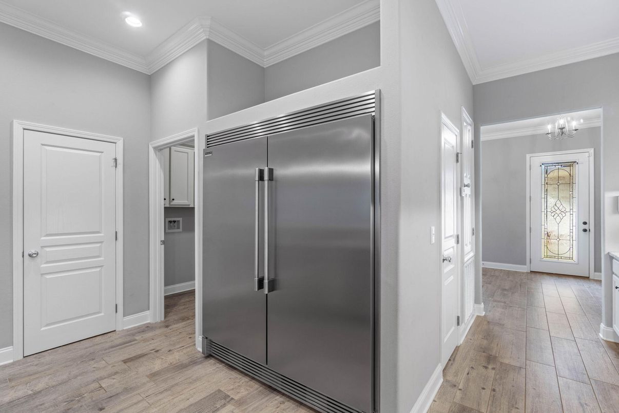 Chandelier, Elevator, Interior, Recessed Lighting, Stainless Steel Appliances, Wood Texture Flooring