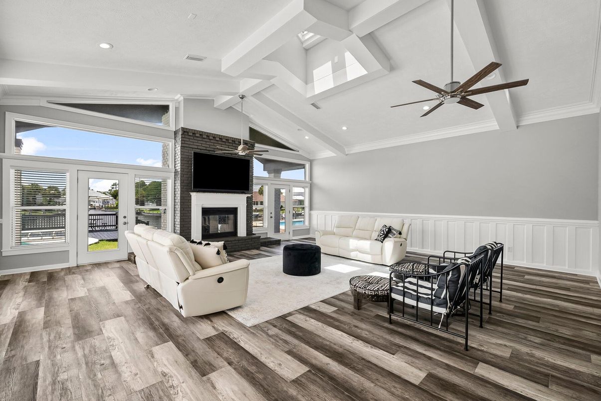 Fireplace, Interior, Living room, Recessed Lighting, Wood Texture Flooring