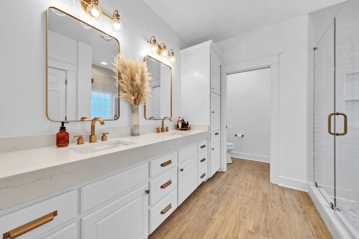 Bathroom, Dual Sink Vanities, Glass Shower, Interior, Wood Texture Flooring