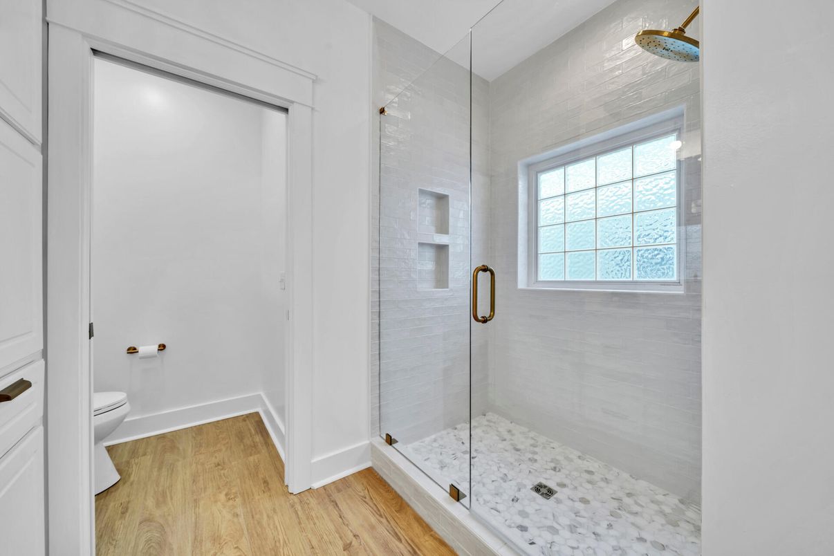 Bathroom, Glass Shower, Interior, Wood Texture Flooring