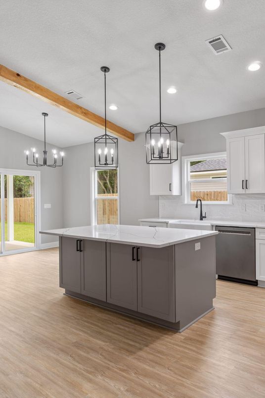 Chandelier, Interior, Kitchen, Pendant Lights, Recessed Lighting, Wooden Beams, Wood Texture Flooring
