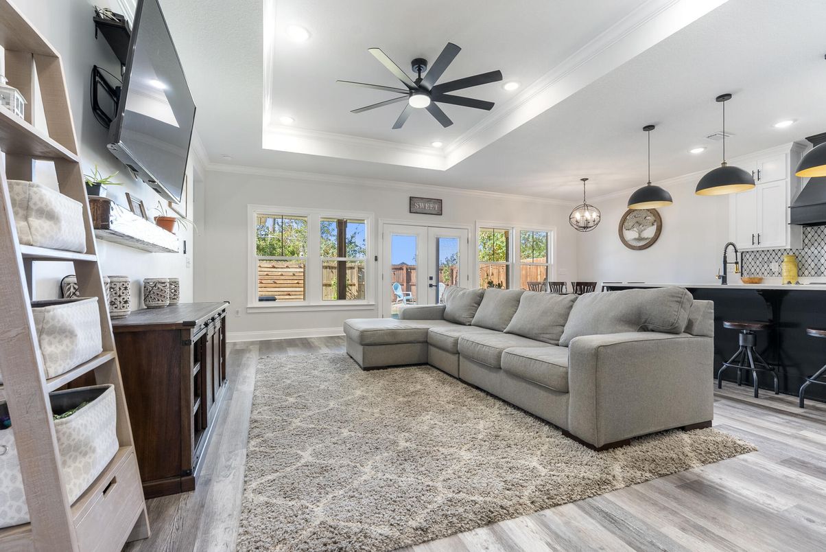 Interior, Living room, Pendant Lights, Recessed Lighting, Wood Texture Flooring