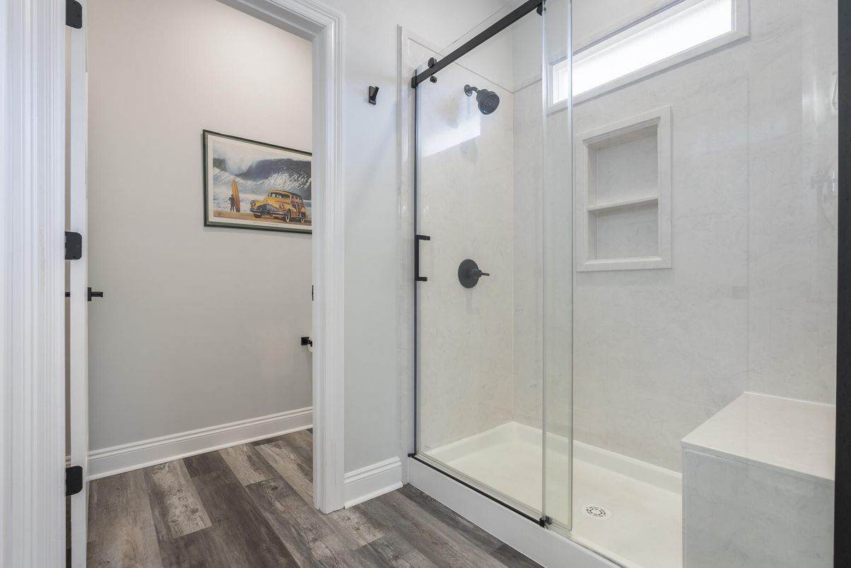 Bathroom, Glass Shower, Interior, Wood Texture Flooring