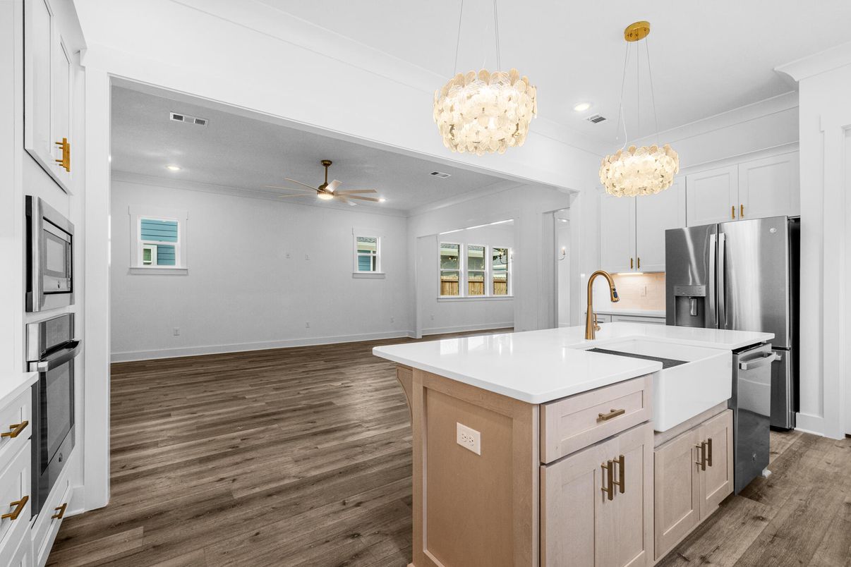 Interior, Kitchen, Pendant Lights, Recessed Lighting, Wood Texture Flooring