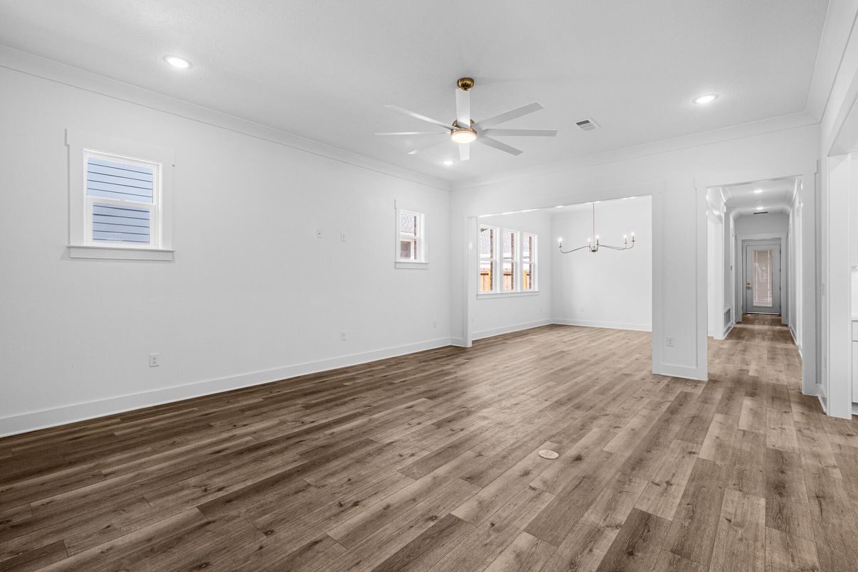 Empty room, Interior, Pendant Lights, Recessed Lighting, Wood Texture Flooring