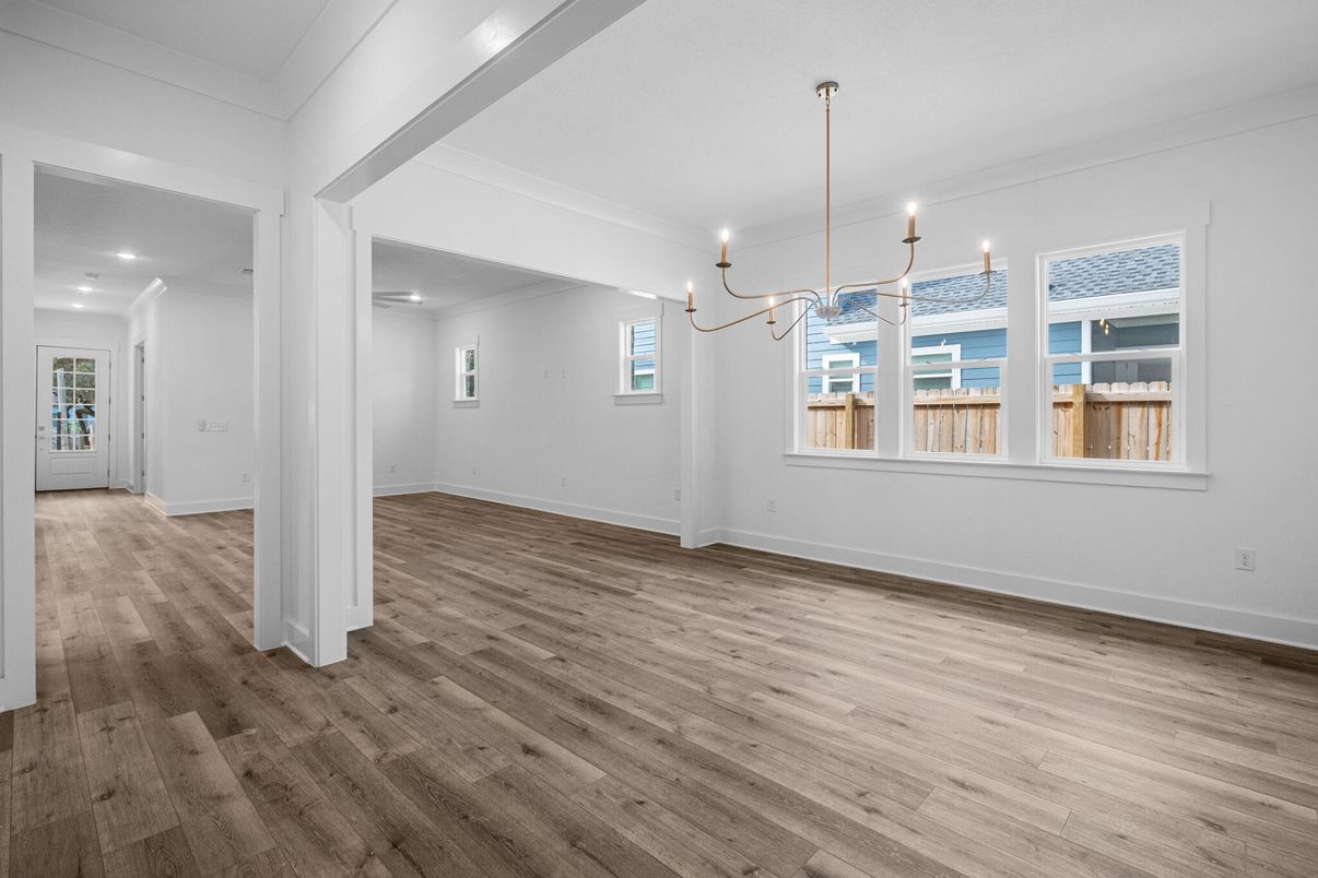 Empty room, Interior, Pendant Lights, Recessed Lighting, Wood Texture Flooring